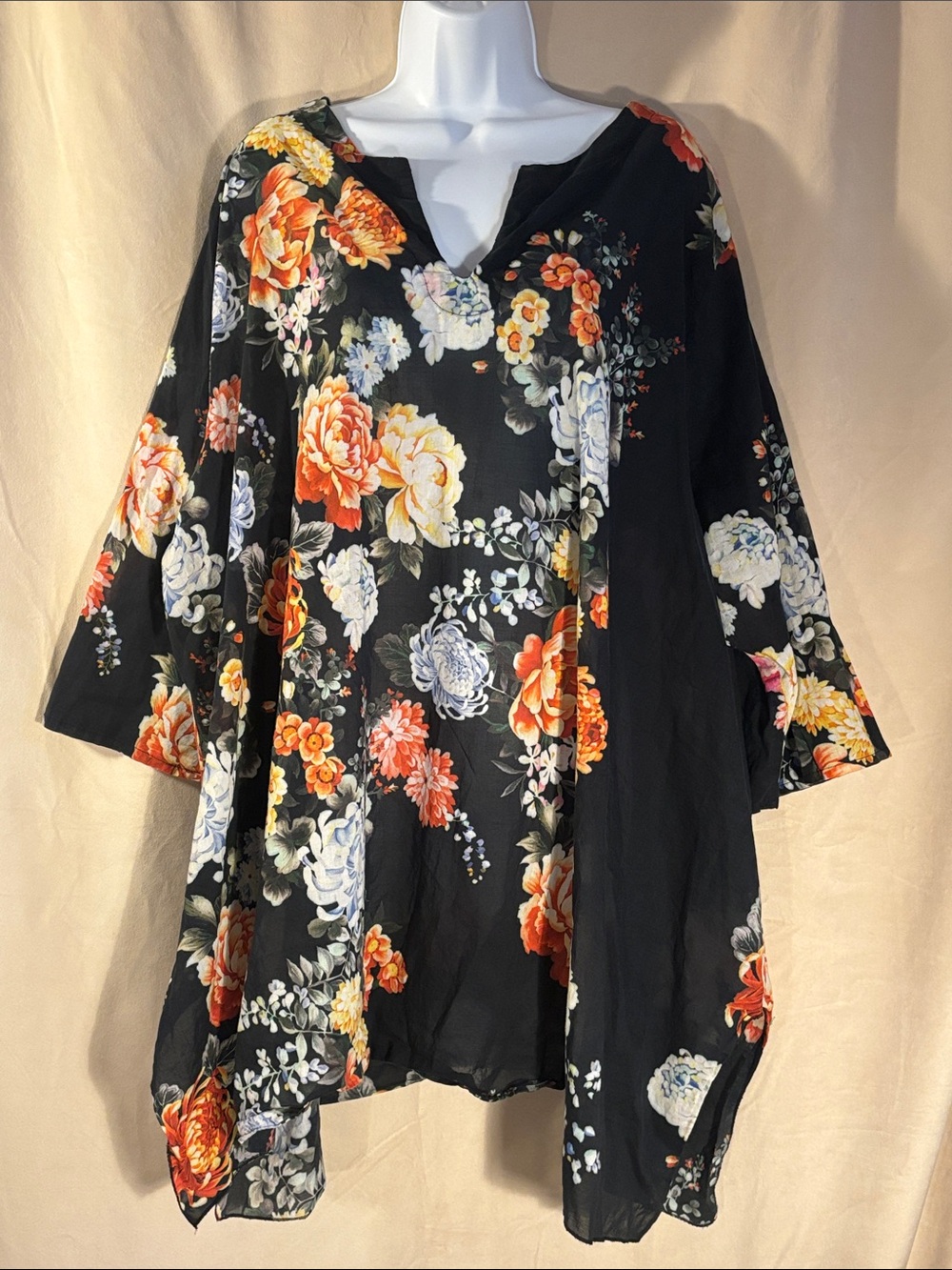 Johnny Was Floral V-Neck Black Tunic Top - Women's 100% Cotton